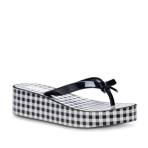 Kate Spade Rina Wedge Flip Flops Black Gingham Bow Sandals Size 7B Women’s - Picture 1 of 14